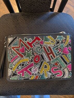 Michael Kors Black Beaded Graphic Zip Clutch with Multicolor Accents
